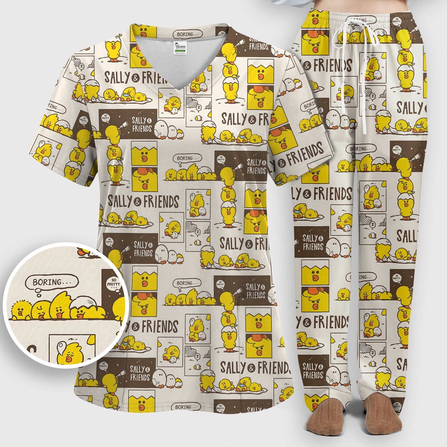 Cute Cartoon Chick Comic Pattern Scrub Set, Scrub Pants and V Neck Top