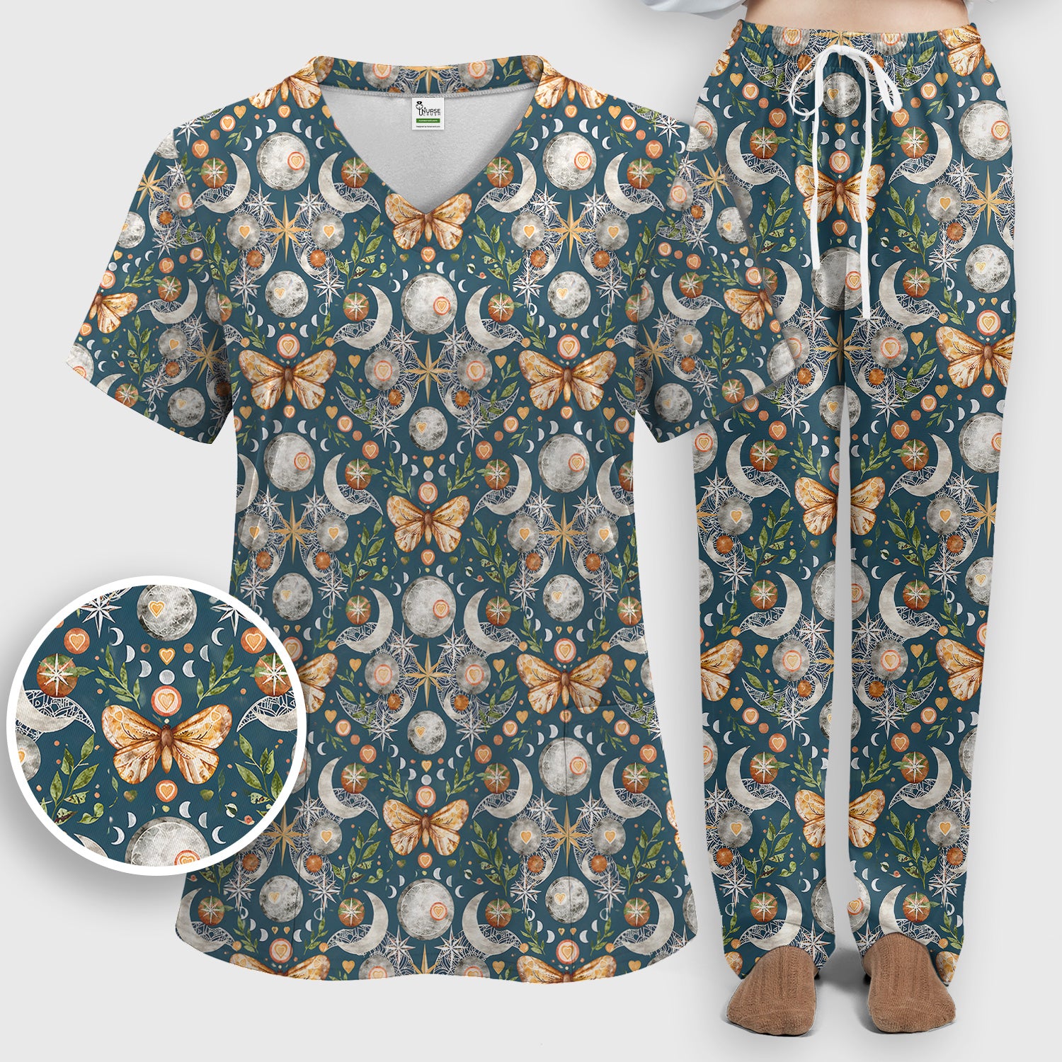 Celestial Butterfly Moonlight Pattern Scrub Set, Scrub Pants and V Neck Top