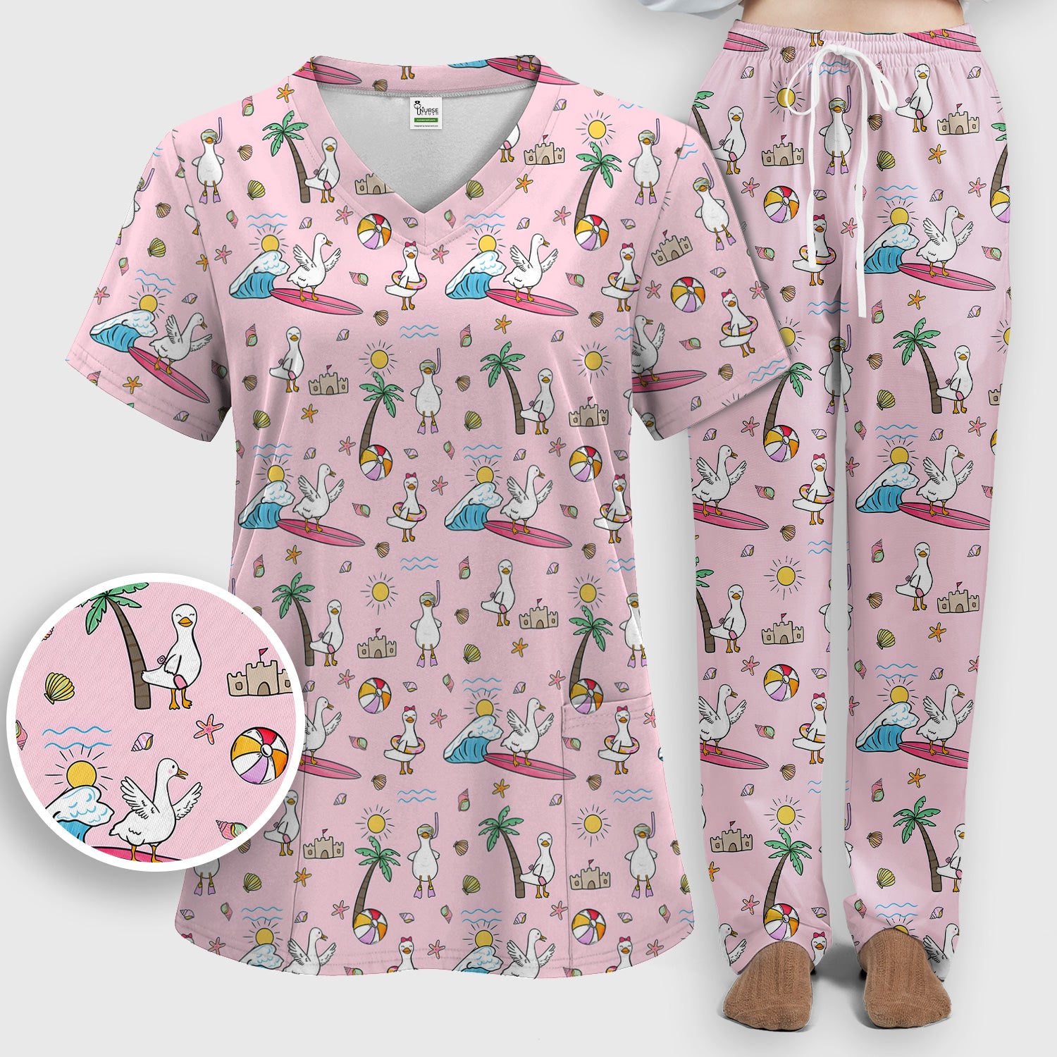 Cute Nurse Seagull Surfboard Beach Palm Tree Pattern Scrub Set, Scrub Pants and V Neck Top