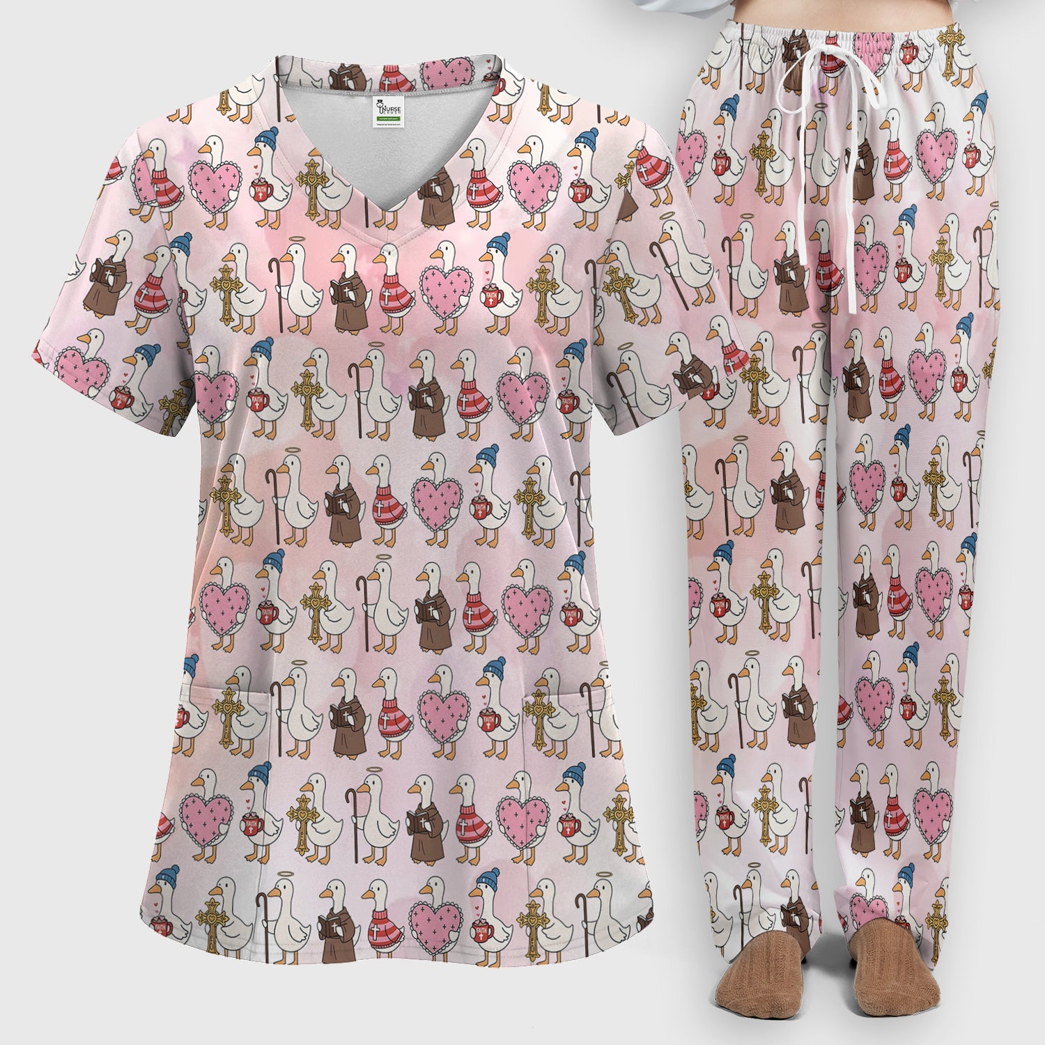 Goose Valentine Heart Illustration Design Scrubs Set, Breathable Med Uniform