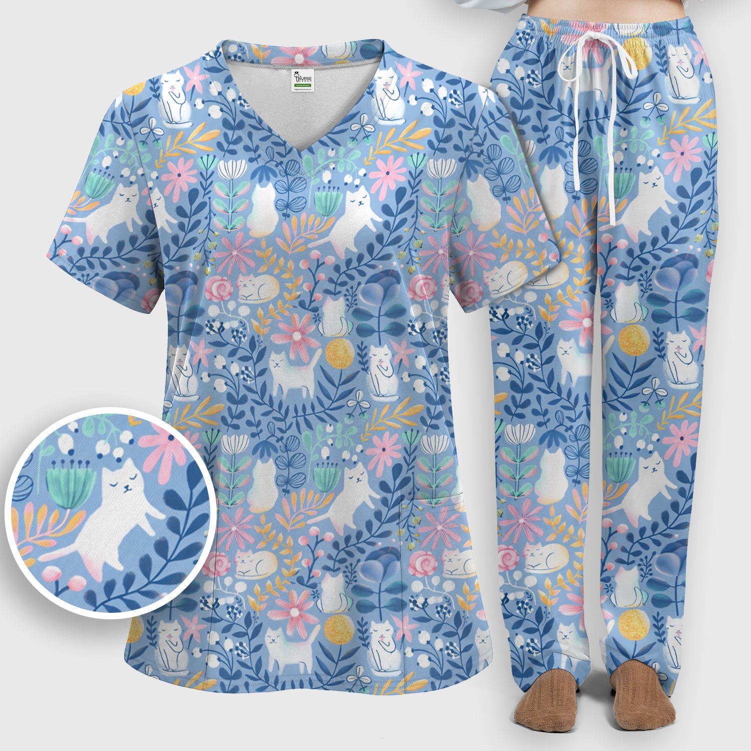 Whimsical Cat Floral Pattern Scrub Set, Women's Scrub Sets