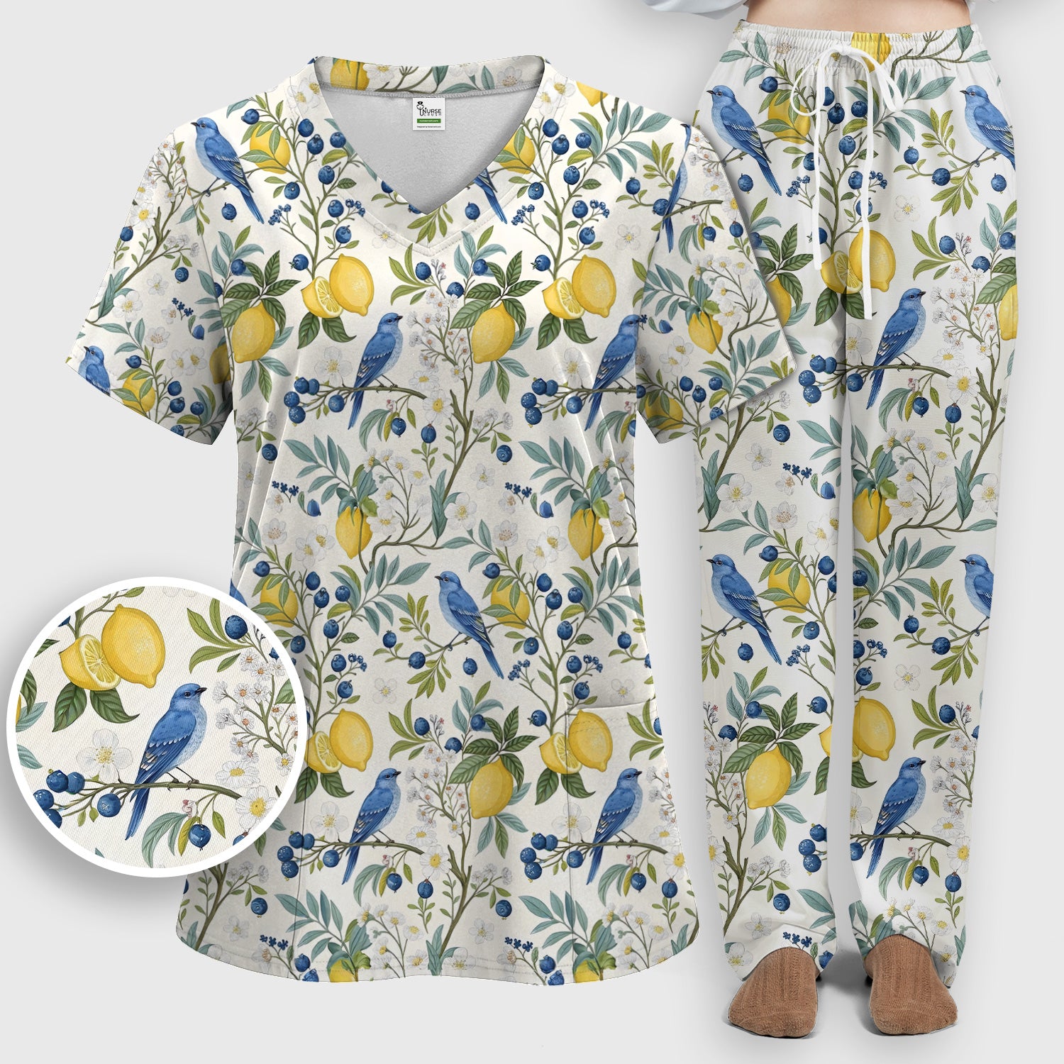 Cute Bluebird Lemon Berry Pattern Scrub Set, Scrub Pants and V Neck Top