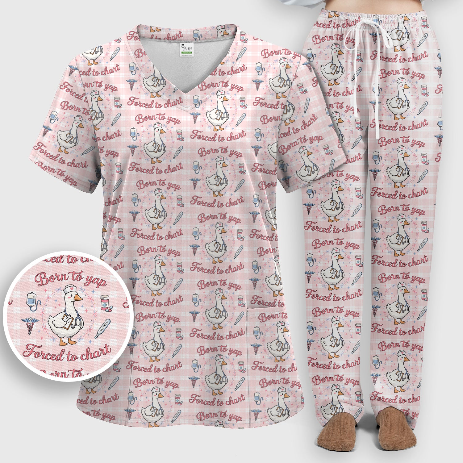 Funny Nurse Goose, Born To Yap Forced To Chart Pattern Scrub Set, Scrub Pants and V Neck Top