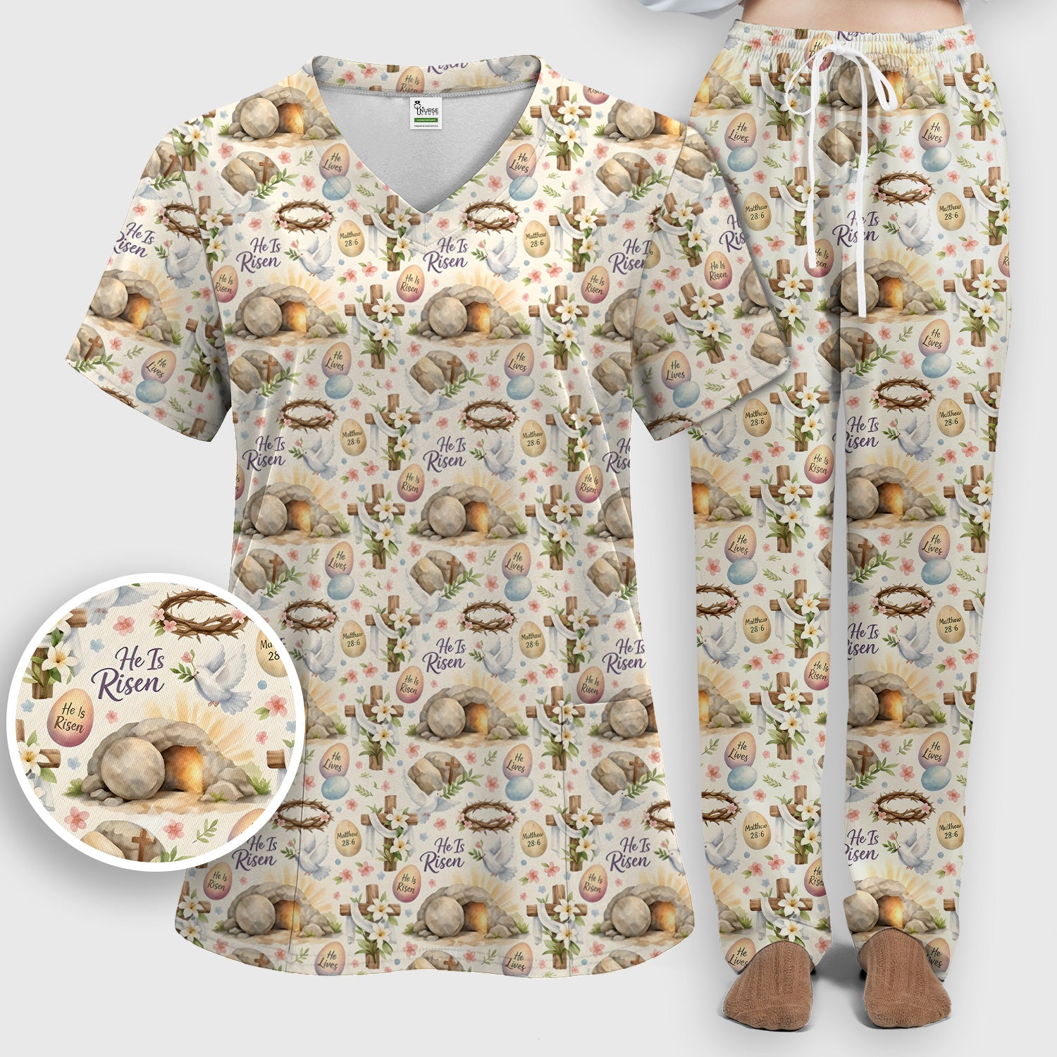 He Is Risen Cross Tomb Lily Pattern Scrub Set, Scrub Pants and V Neck Top