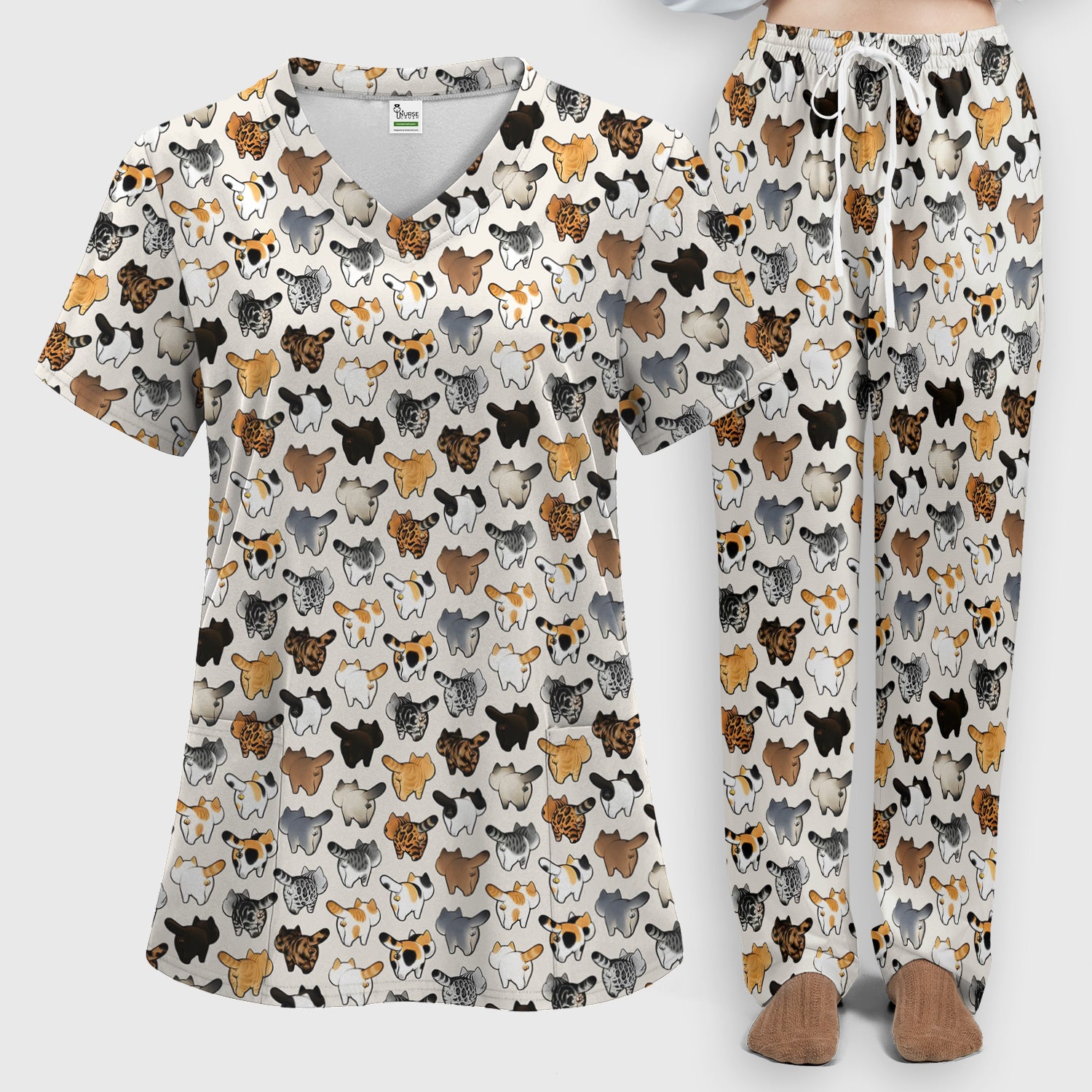 Cat Butt Pattern Medical Scrub Set, Breathable Fabrics Nursing Uniform