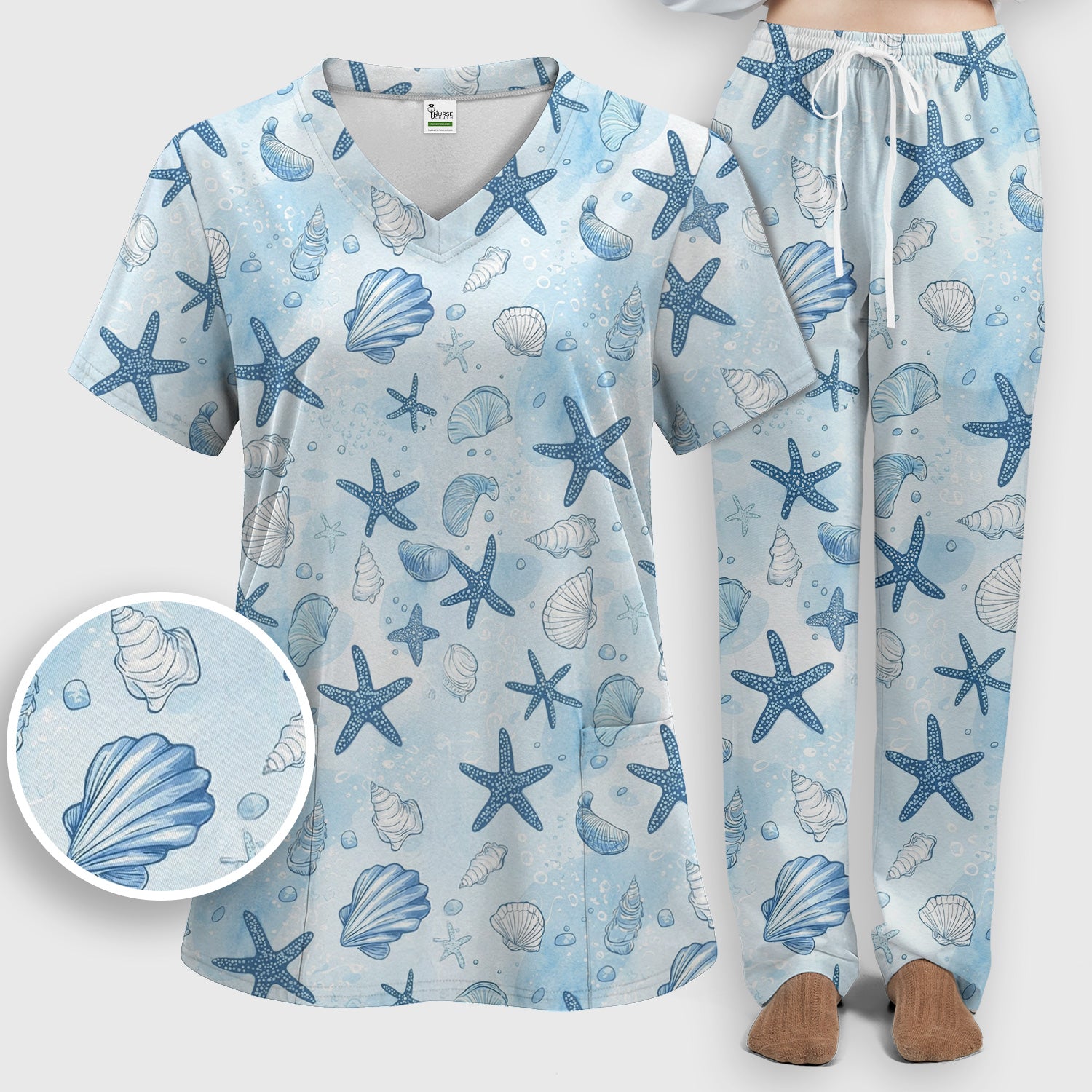 Blue Sea Shells Starfish Pattern Scrub Sets, Scrub Pants and V Neck Top