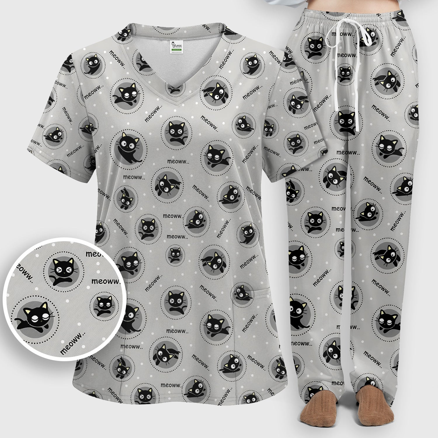 Funny Black Cat Meow Pattern Scrub Set, Scrub Pants and V Neck Top
