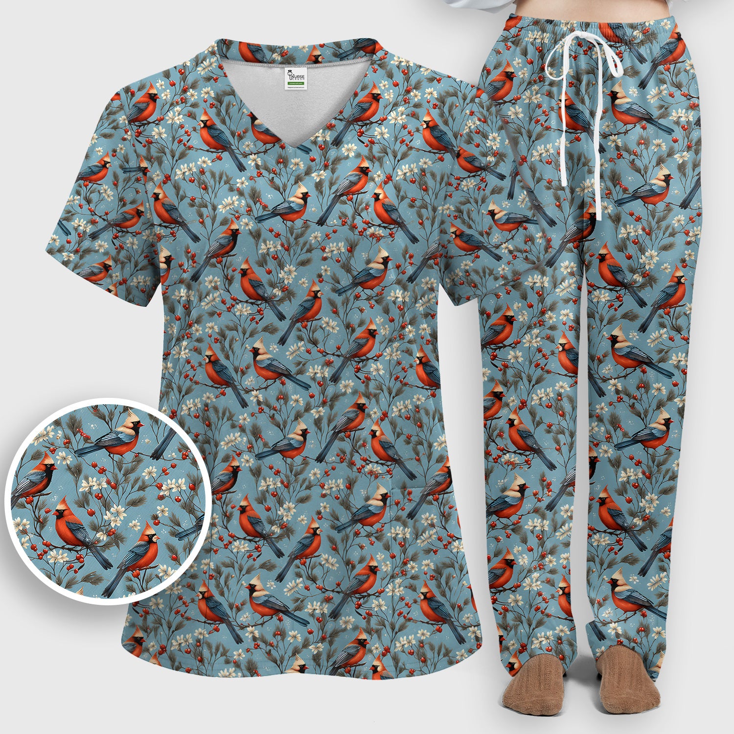 Cute Cardinal Berry Blossom Pattern Scrub Set, Scrub Pants and V Neck Top