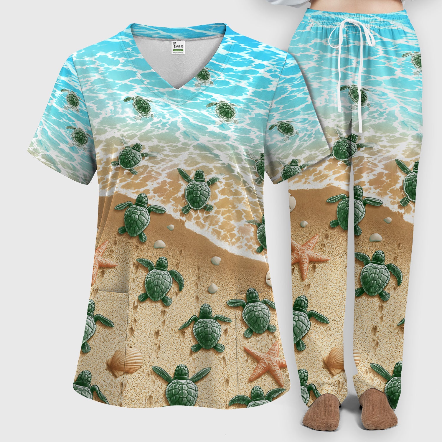 Coastal Sea Turtle Beach Pattern Scrub Set, Scrub Pants and V Neck Top