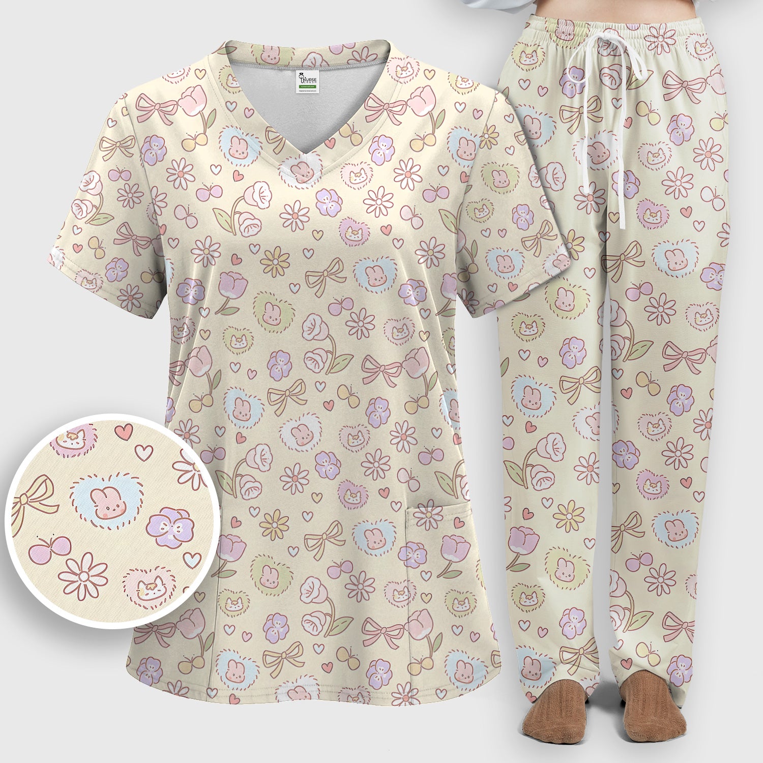 Pastel Bunny Flower Heart Pattern Nurse Scrub Set, Scrub Pants and V Neck Top