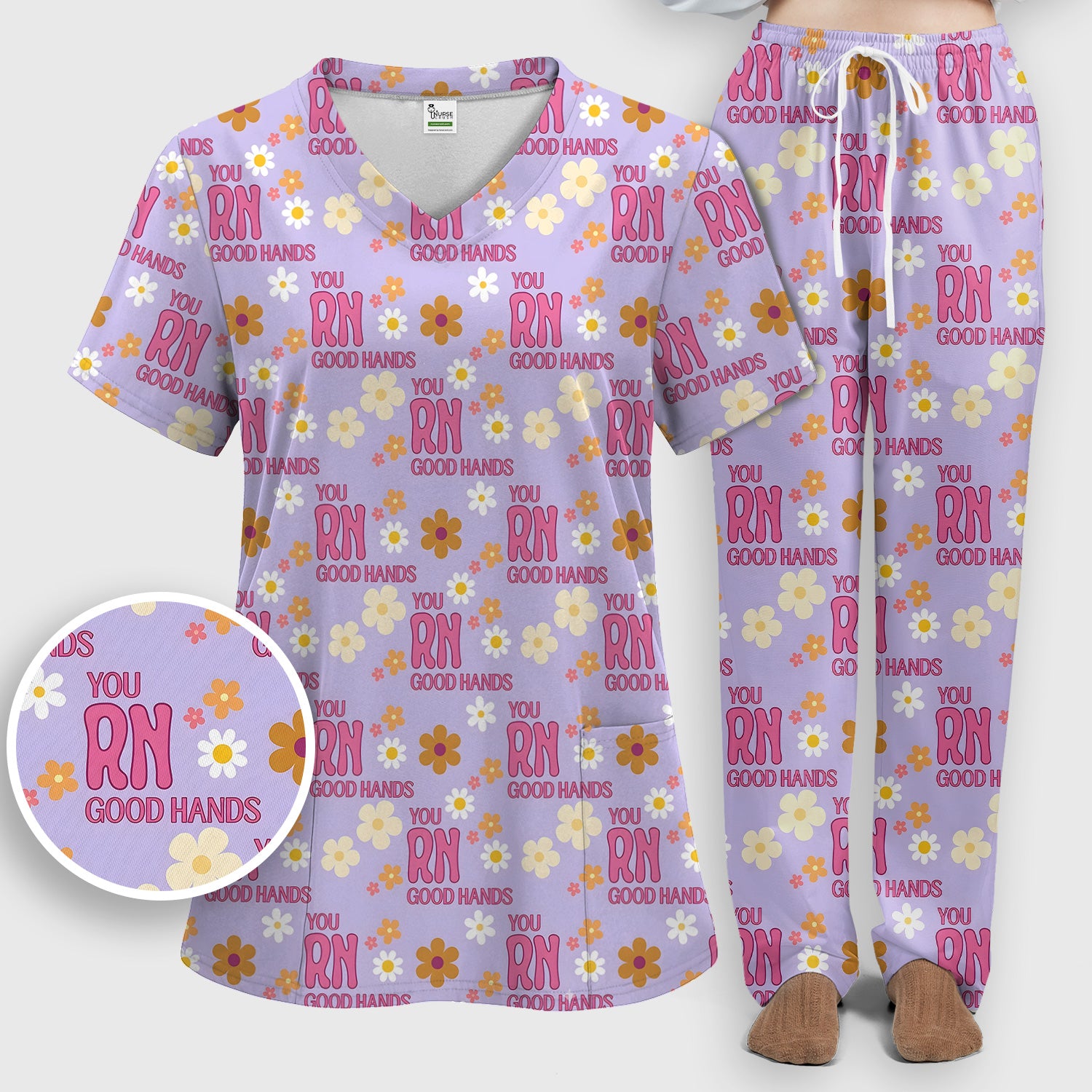 You RN Good Hands Floral Daisy Pattern Scrub Set, Scrub Pants and V Neck Top
