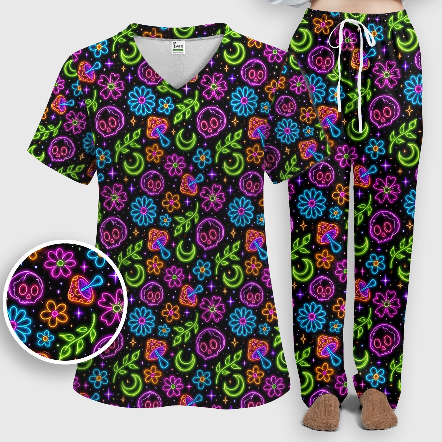 Neon Skull Mushroom Floral Scrub Set, Colorful Gothic Scrub Pants and V Neck Top