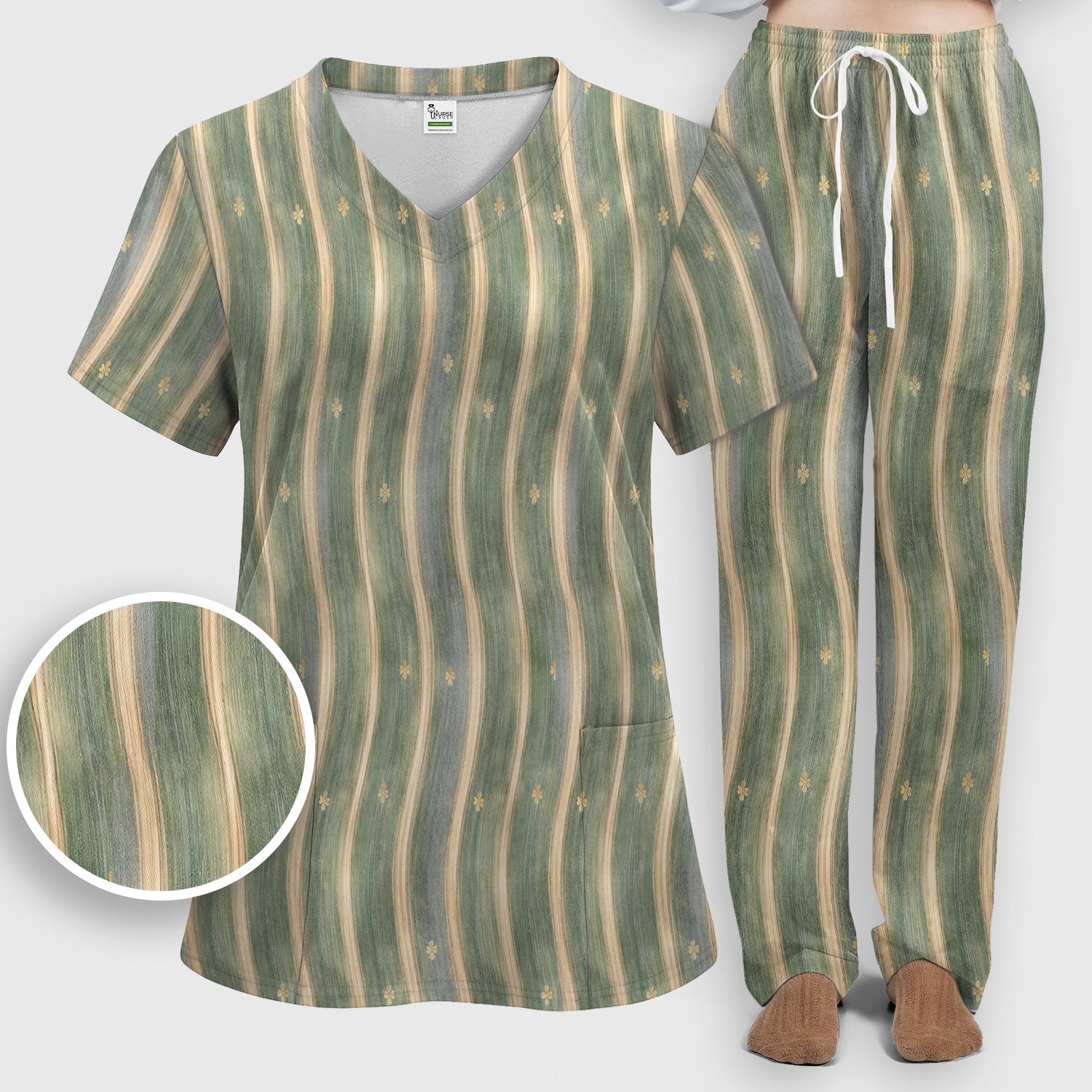 Charming Nurse Green Vertical Stripe Small Floral Pattern Scrub Set, Scrub Pants and V Neck Top