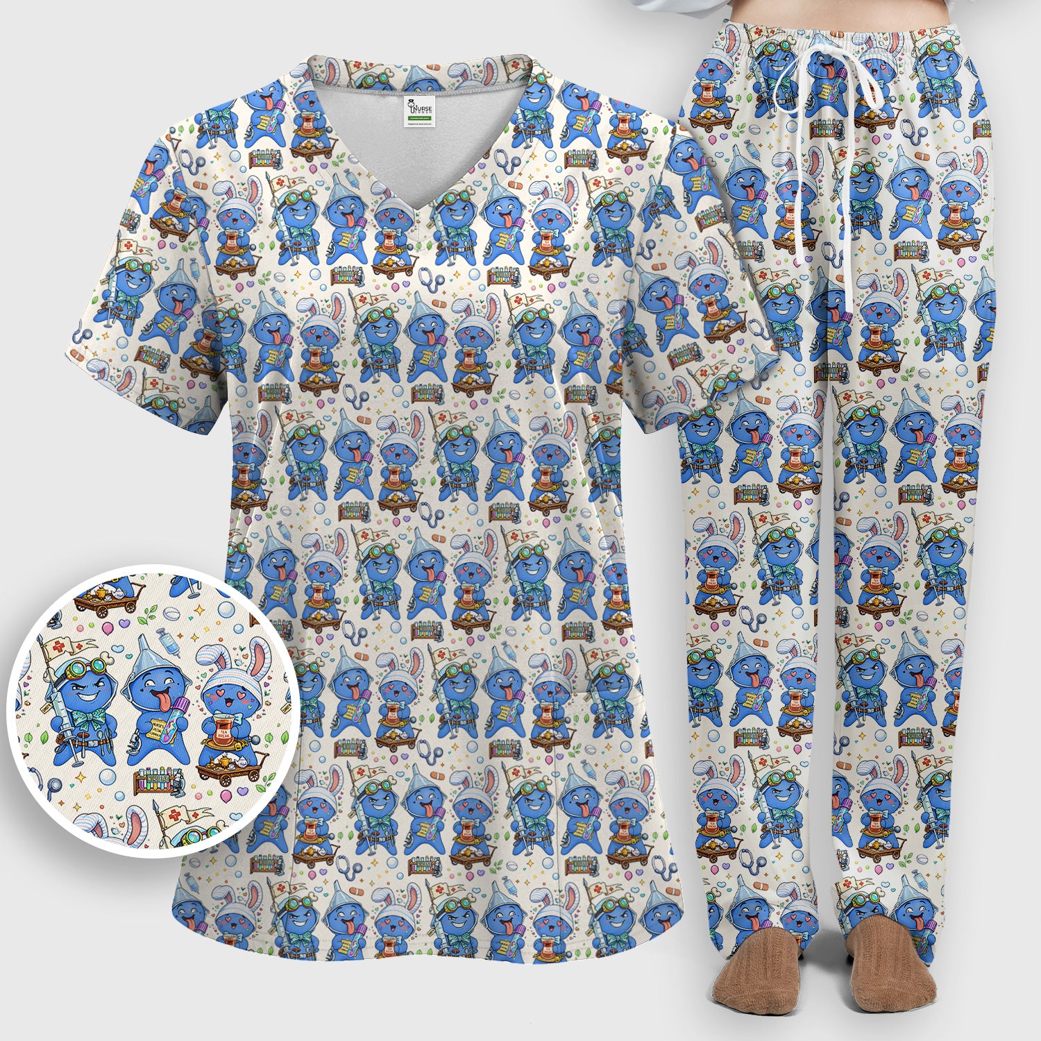 Cute Glove Doll Hospital Medical Cartoon Nurse Pattern Scrub Set, Women's Scrub Sets