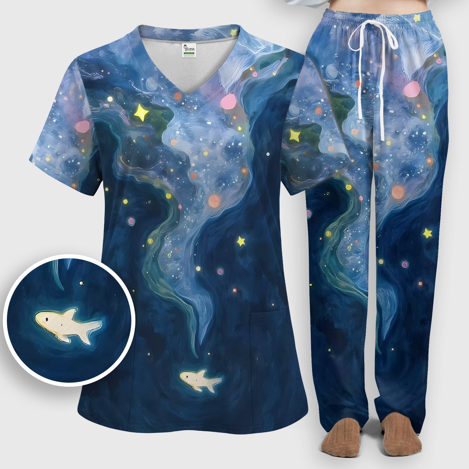 Marine Life Shark Pattern Scrub Set, Scrub Pants and V Neck Top
