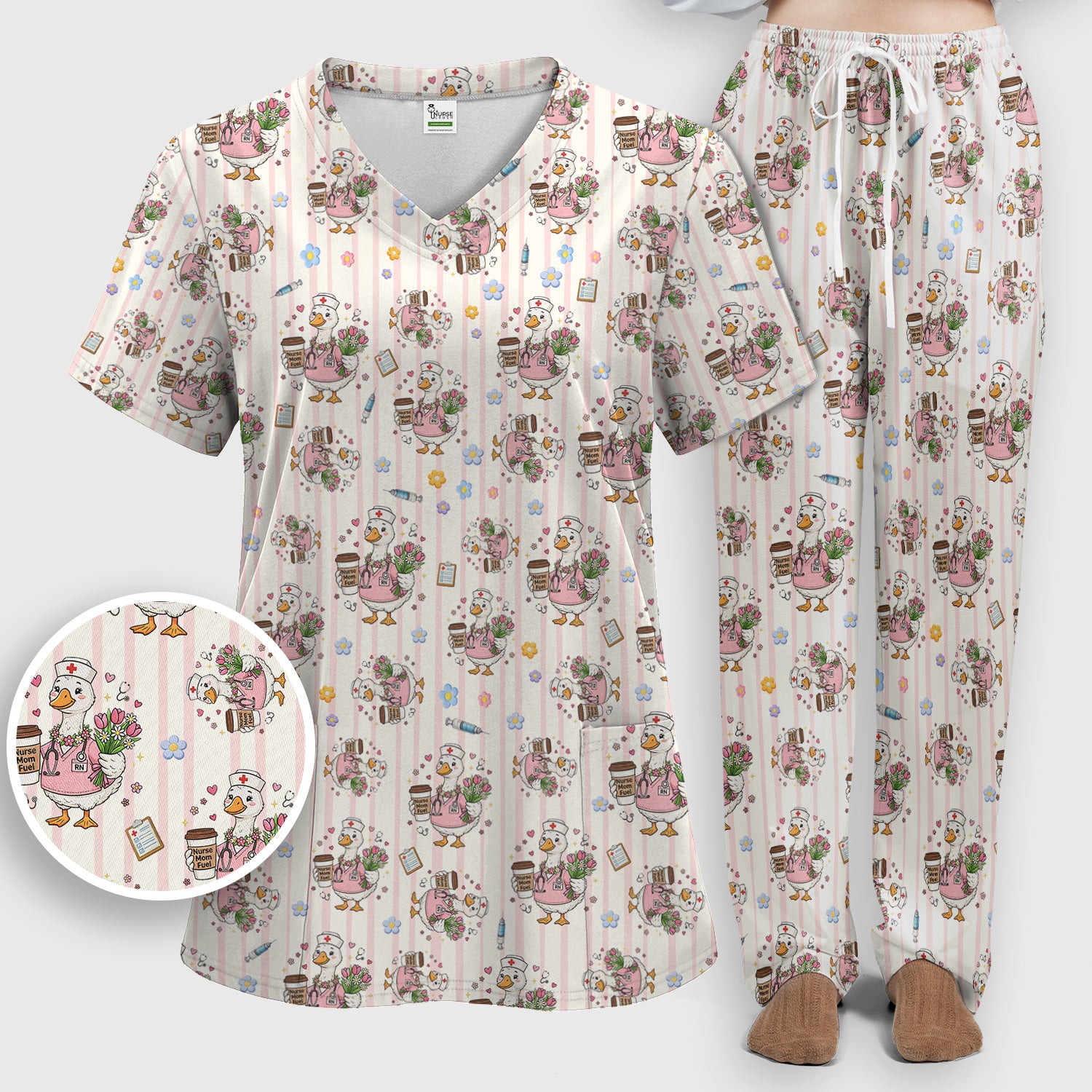 Cartoon Nurse Goose Pattern Scrub Set, Scrub Pants and V Neck Top