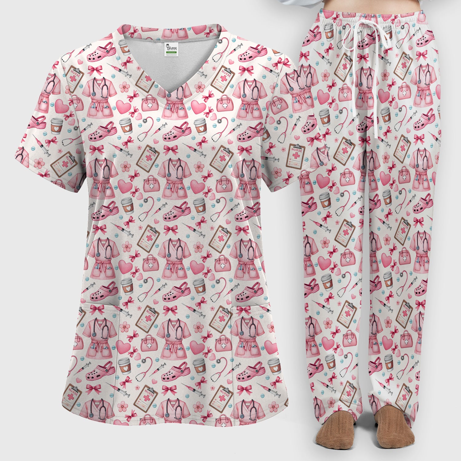 Valentine Pink Nurse Icons Print Women's Scrub Set, Breathable Med Uniform