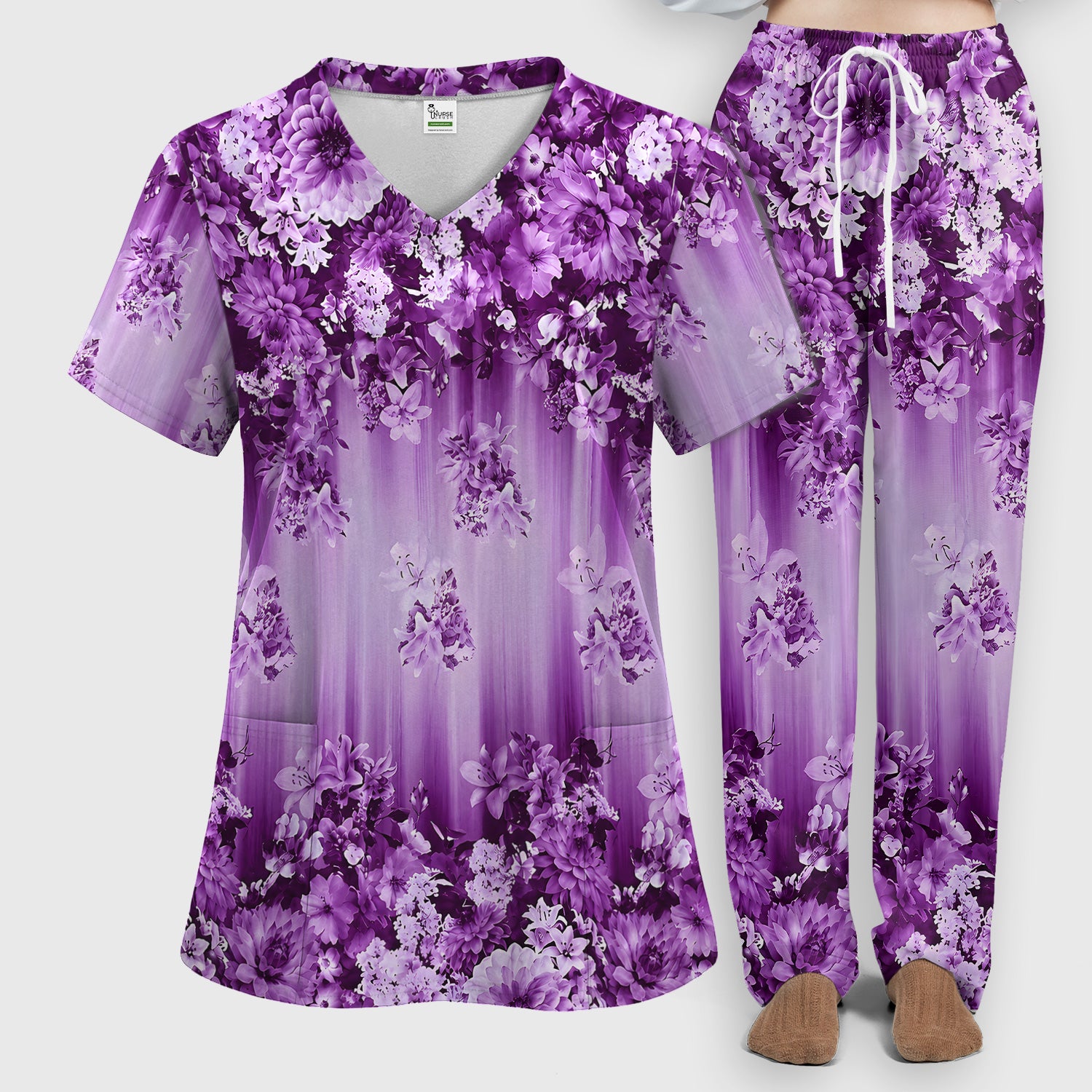Purple Blossom Garden Pattern Scrub Set, Scrub Pants and V Neck Top