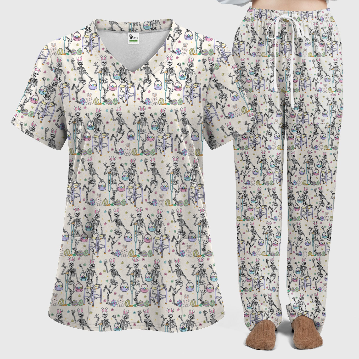 Fun Skeleton Bunny Easter Print Scrub Set, Scrub Pants and V Neck Top