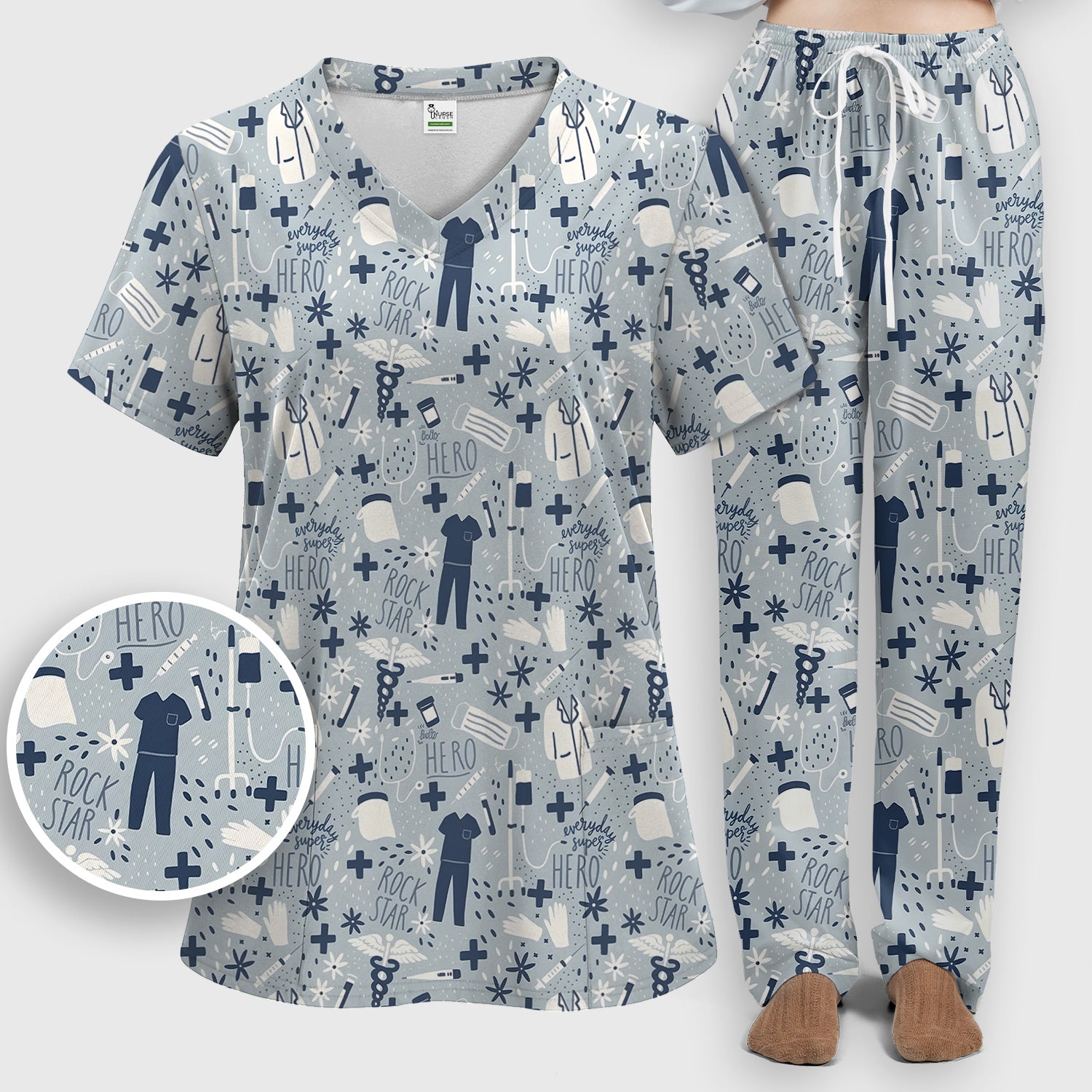 Inspirational Healthcare Hero Medical Tools Nurse Pattern Scrub Set, Scrub Pants and V Neck Top
