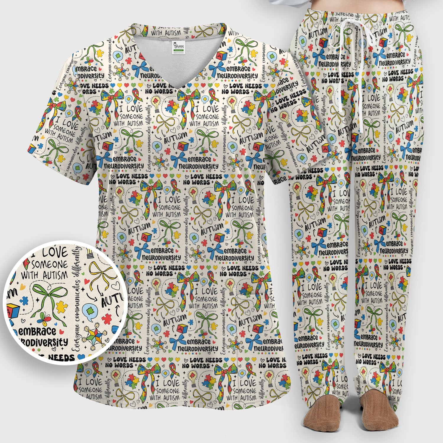 Autism Awareness Puzzle Ribbon Pattern Scrub Set, Scrub Pants and V Neck Top