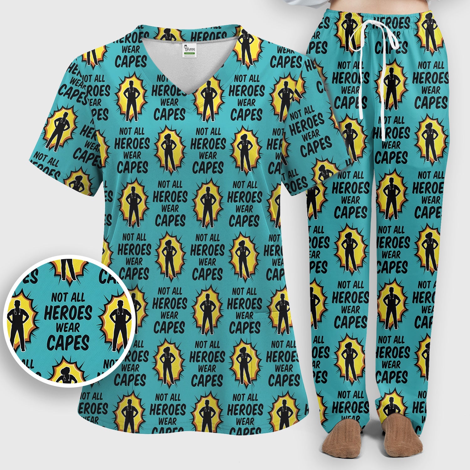 Not All Heroes Wear Capes Nurse Pattern Scrub Set, Scrub Pants and V Neck Top