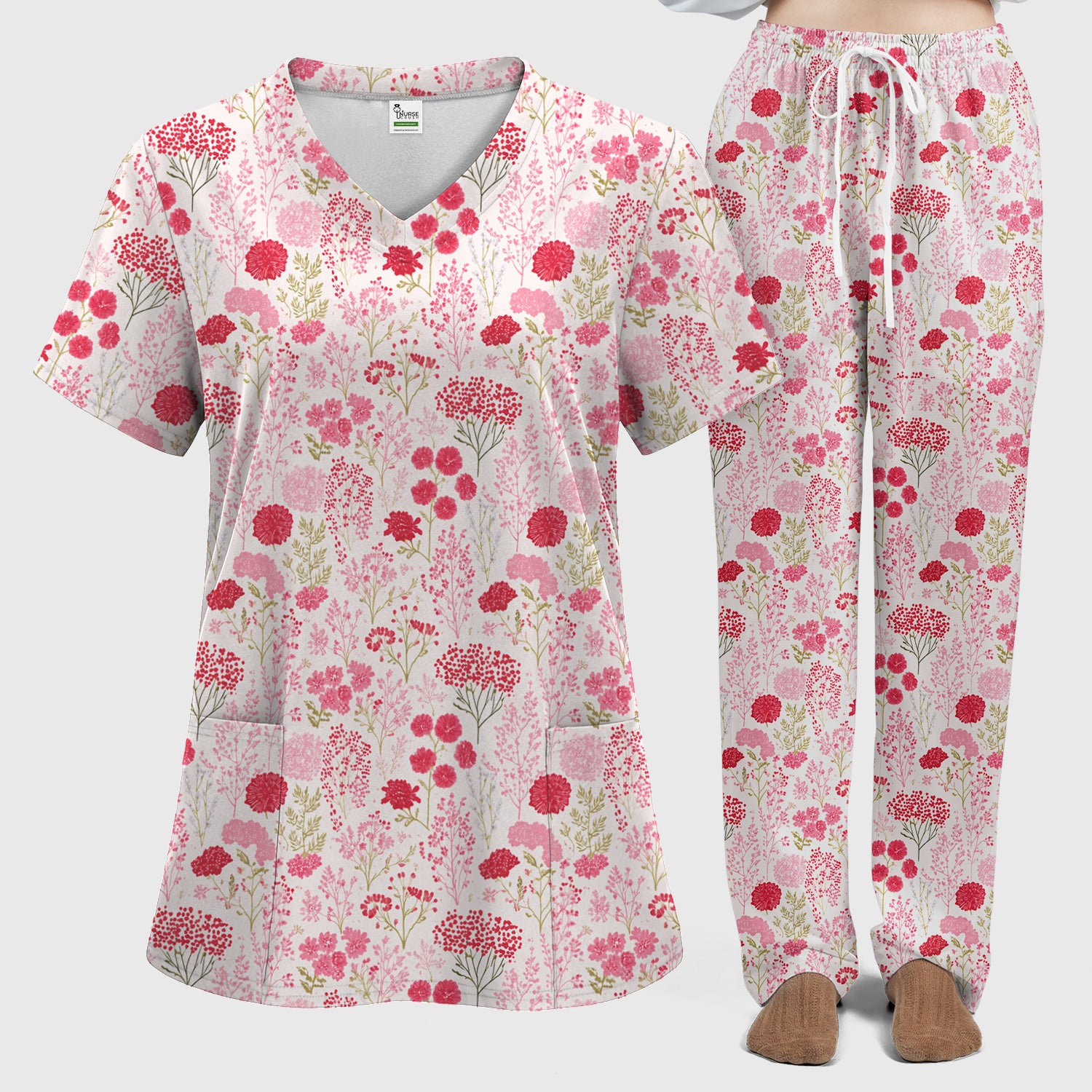 Pink Floral Pattern Allover Print Scrub Set, Scrub Pants and V Neck Top