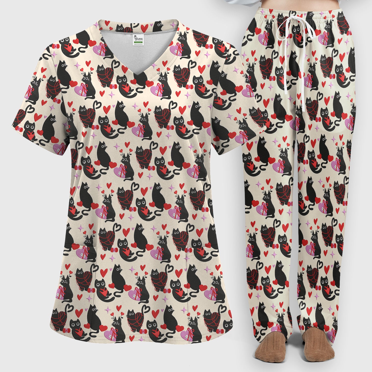 Valentine’s Day Scrub Set, Cute Black Cat With Heart Pattern Nurse Shirt, Breathable Fabrics Nursing Uniform
