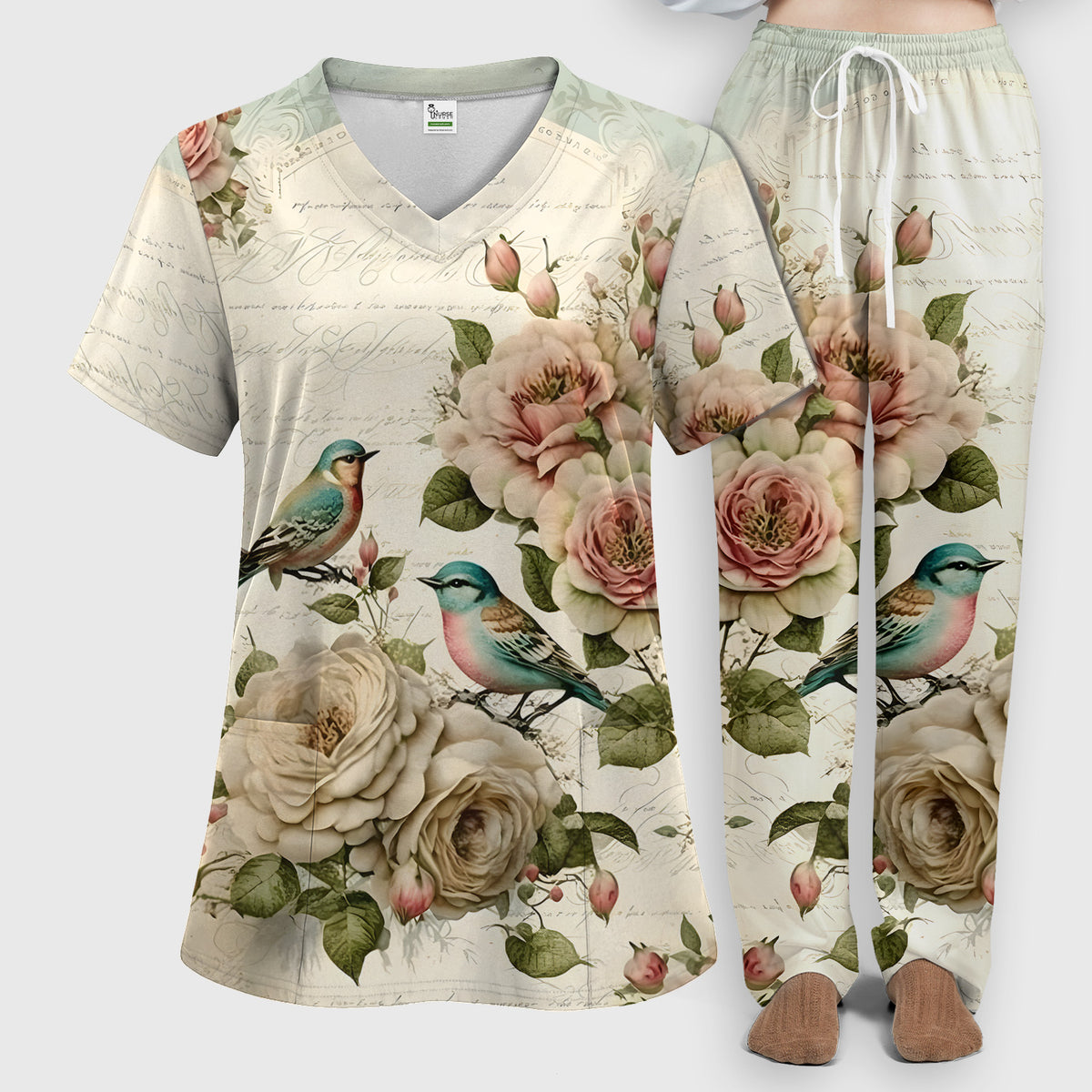 Vintage Birds Rose Pattern Scrub Set, Scrub Pants and V Neck Top