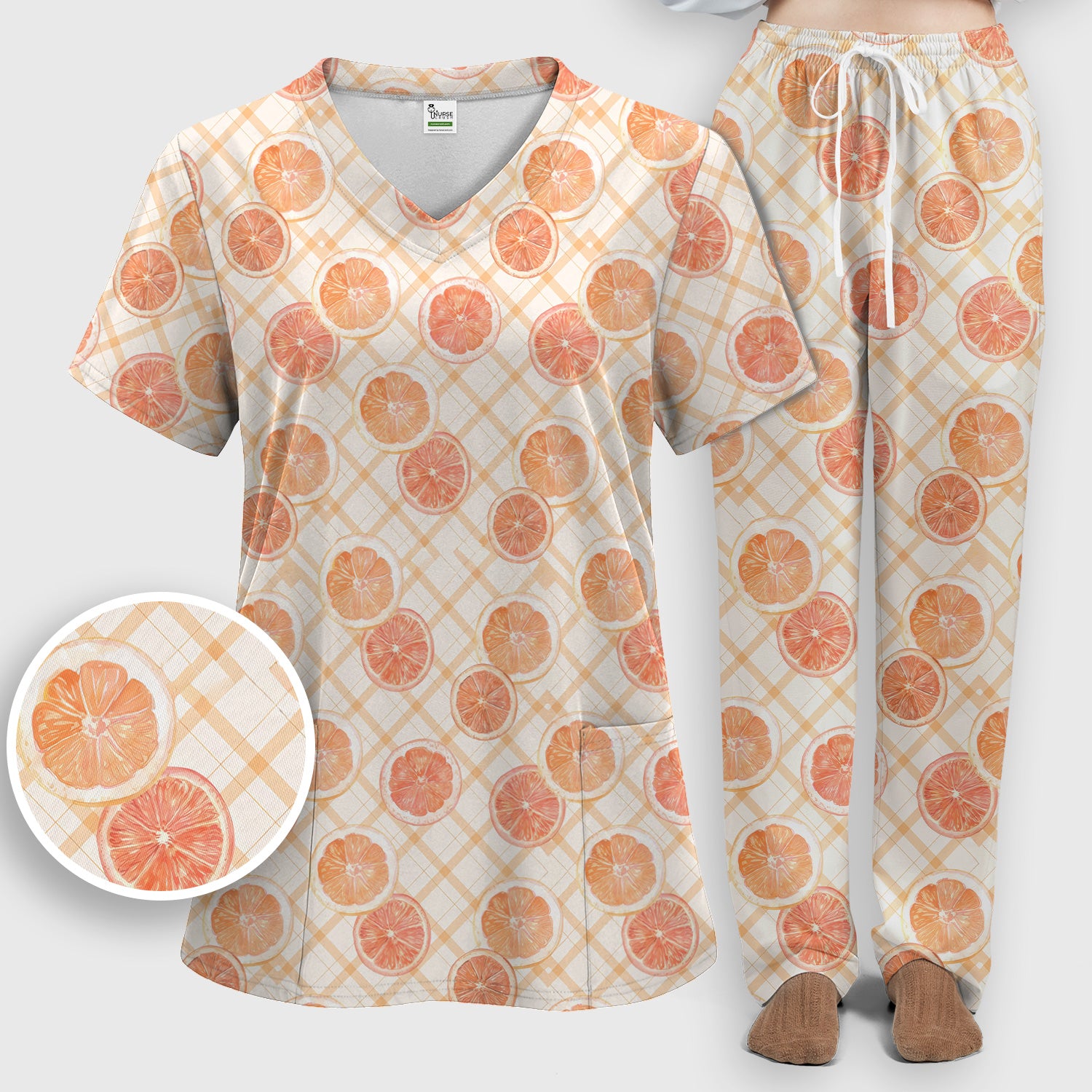 Fresh Grapefruit Slice Summer Fruit Pattern Scrub Sets, Scrub Pants and V Neck Top