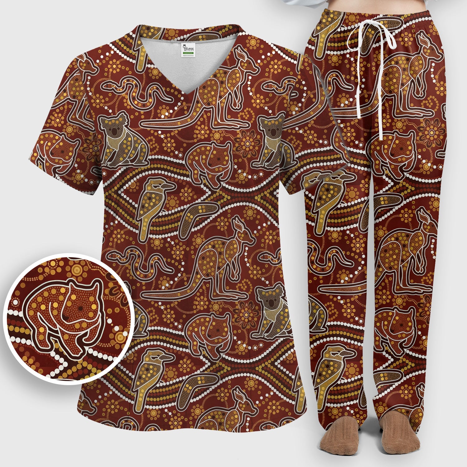 Australian Kangaroo Koala Aboriginal Art Pattern Scrub Sets, Scrub Pants and V Neck Top