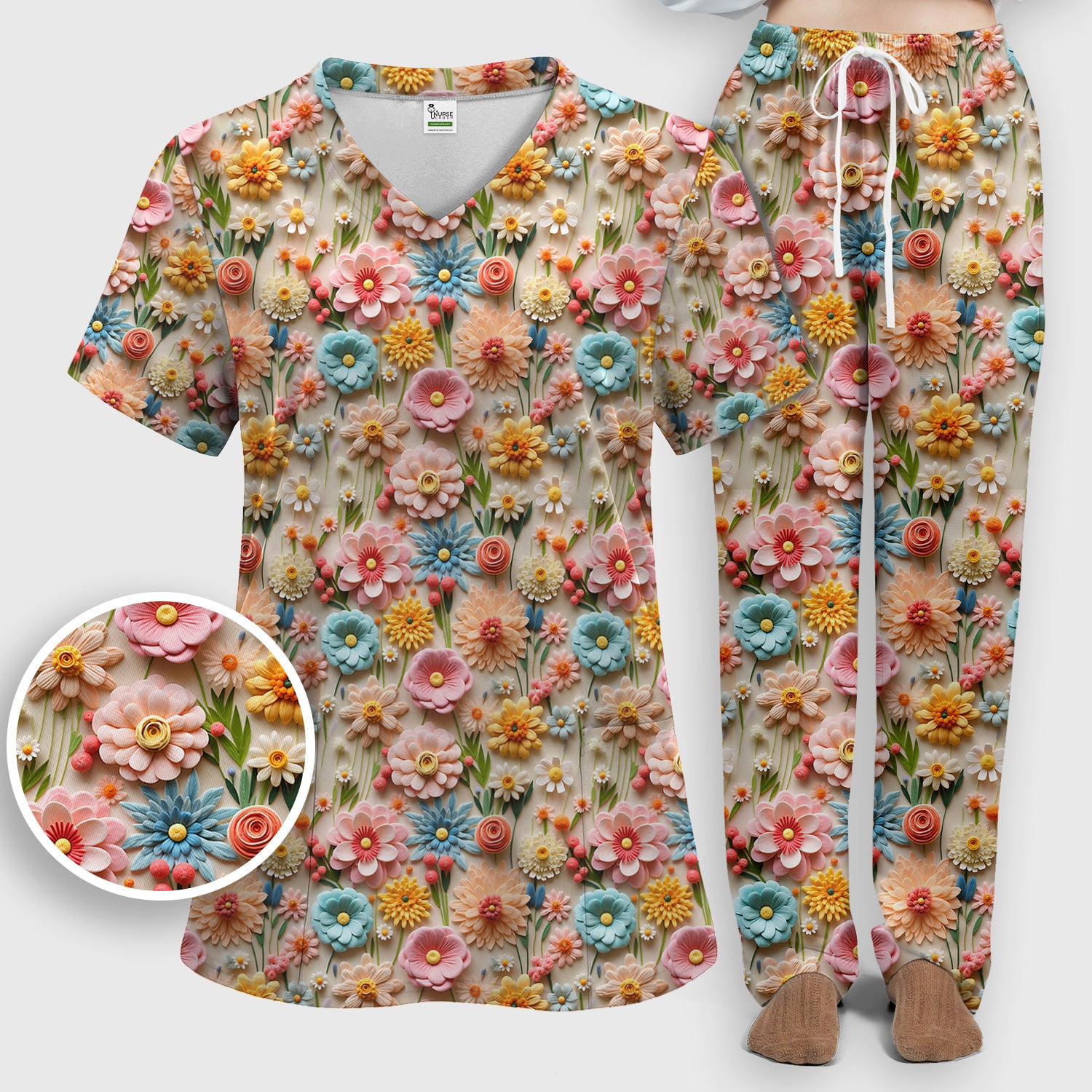 Colorful Blooming Wildflower Pattern Scrub Set, Scrub Pants and V Neck Top