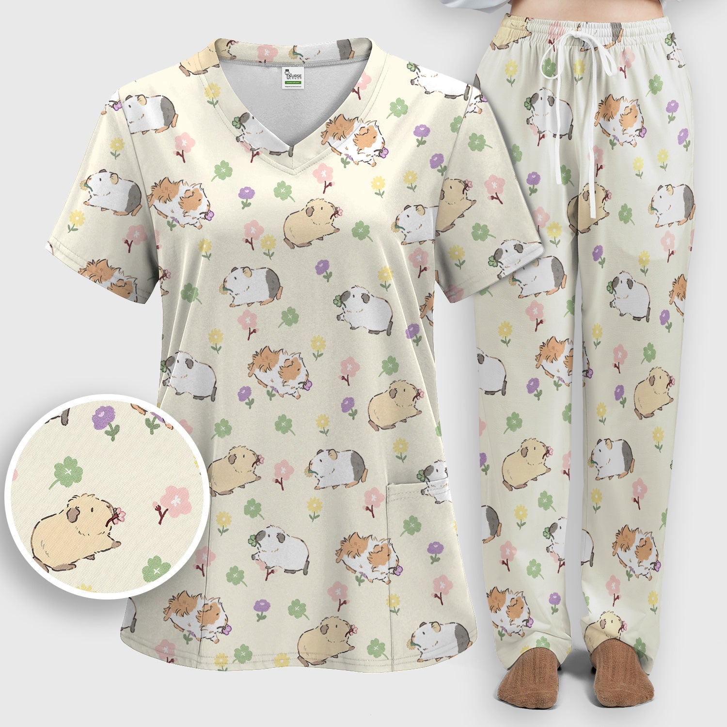 Cozy Guinea Pig Floral Doodle Pattern Scrub Set, Women's Scrub Sets