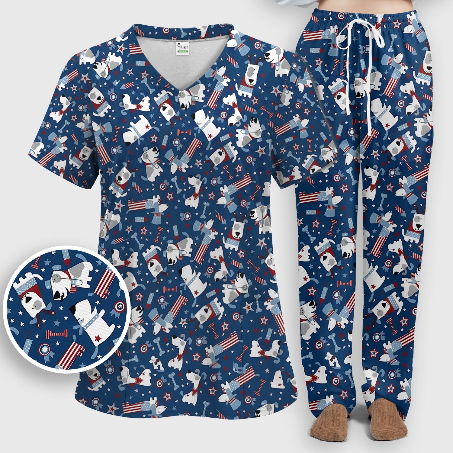Patriotic Nurse Dog Stars Pattern Scrub Set, Scrub Pants and V Neck Top