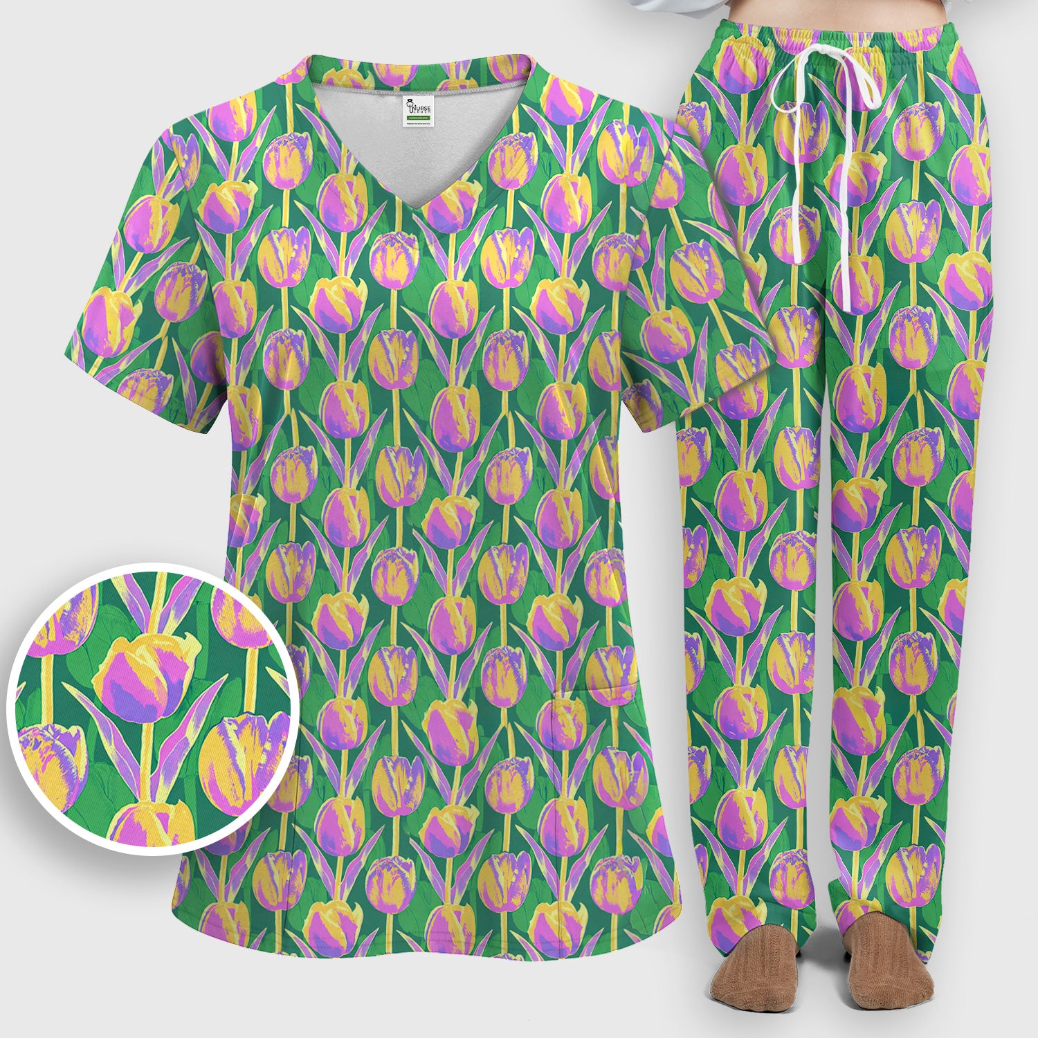 Colorful Tulip Floral Pattern Scrub Set, Scrub Pants and V Neck Top