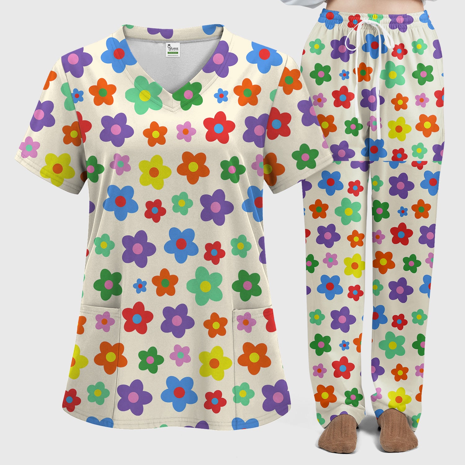 Colorful Retro Flower Pattern Print Scrub Set, Scrub Pants and V Neck Top