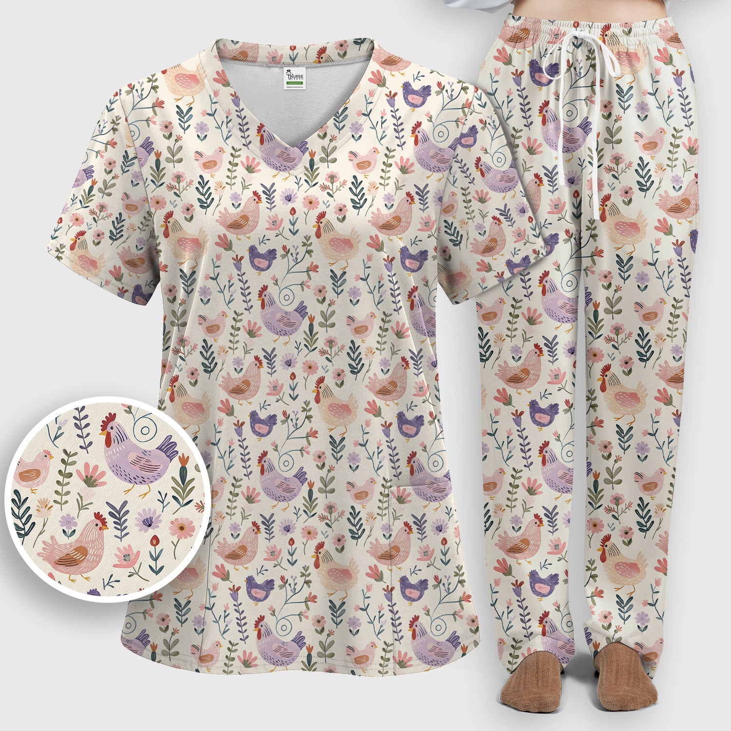 Cute Farm Chicken Floral Garden Pattern Scrub Set, Scrub Pants and V Neck Top