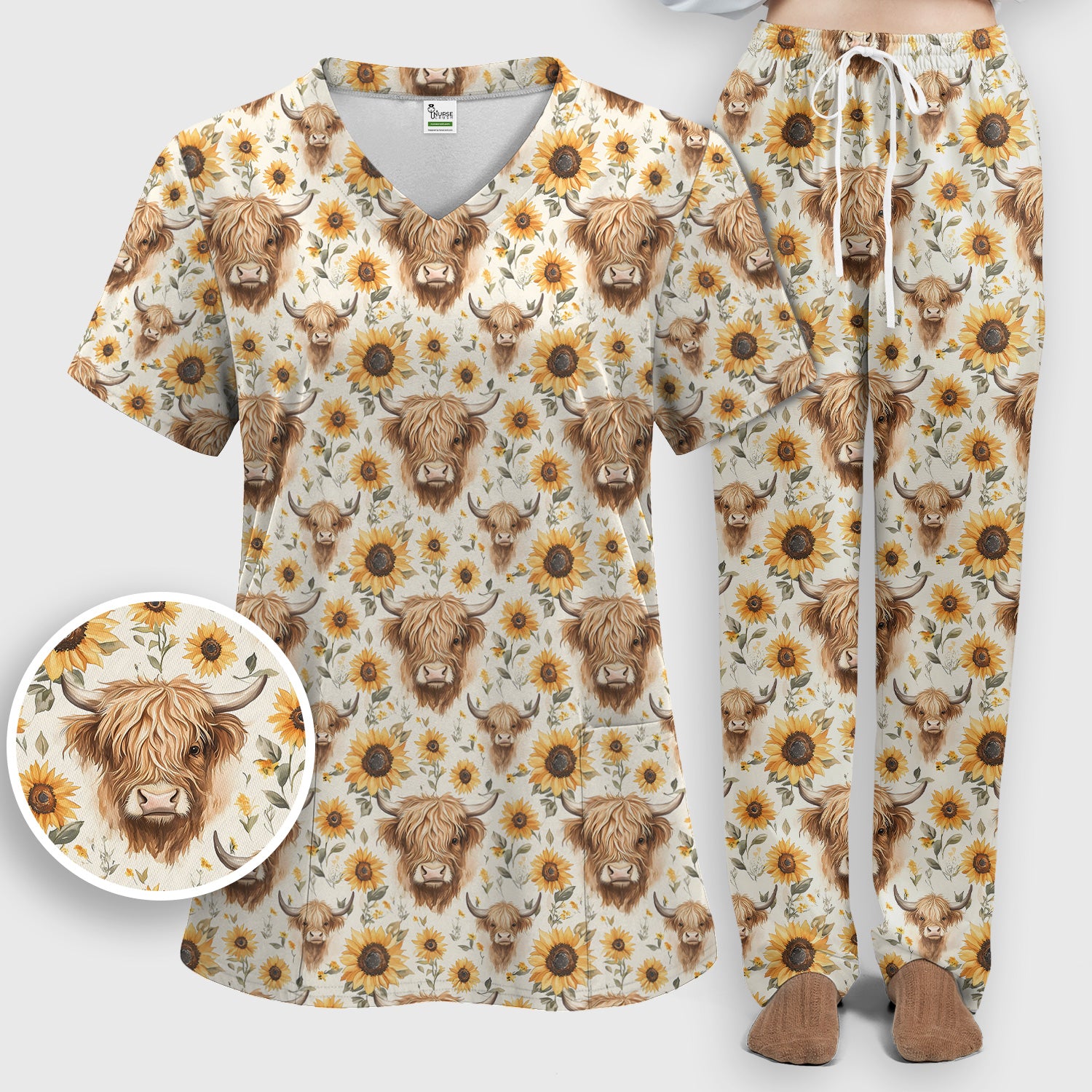 Highland Cow Sunflower Scrub Set, Rustic Farmhouse Scrub Pants and V Neck Top