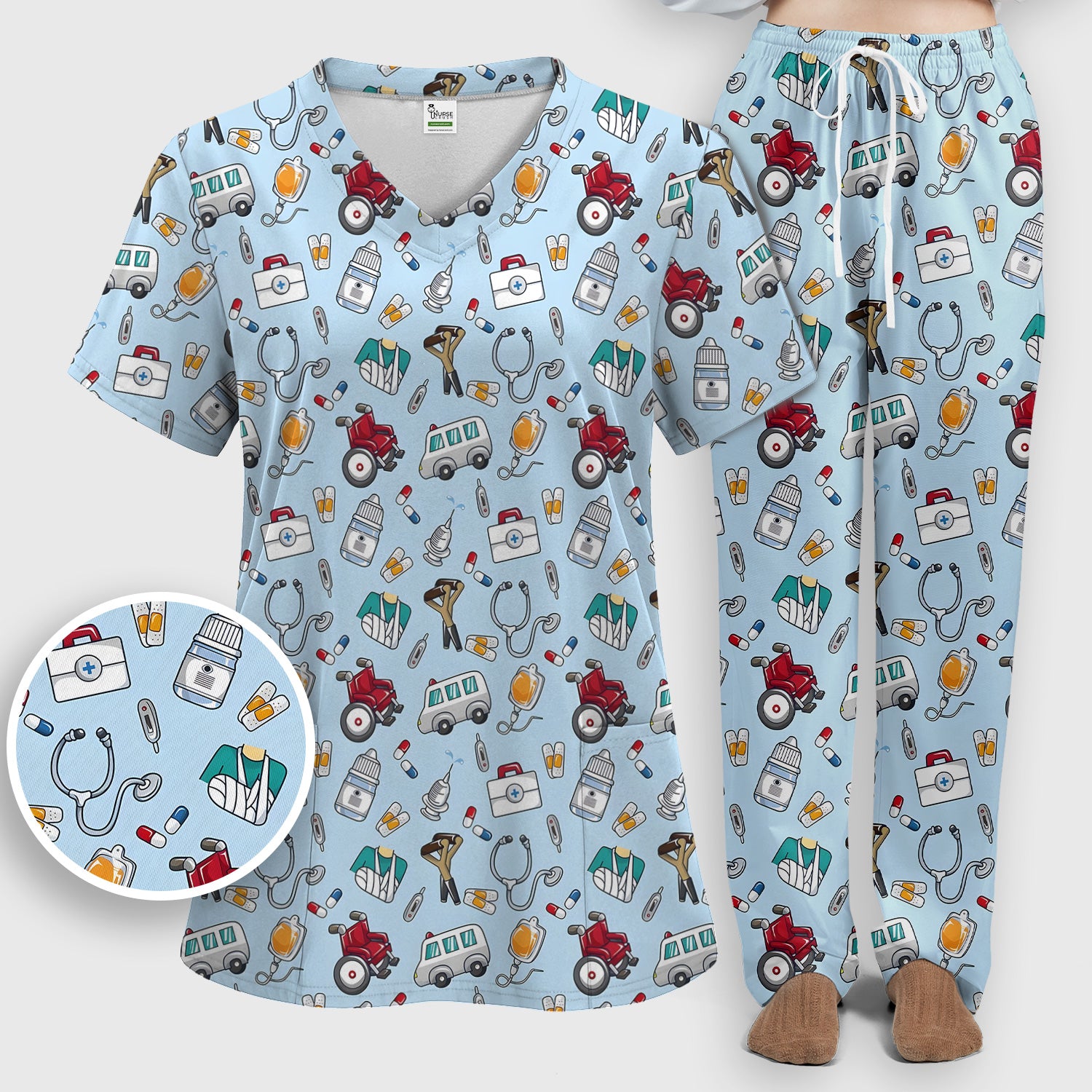 Care Medical Tools & Emergency Transport Pattern Scrub Set, Scrub Pants and V Neck Top