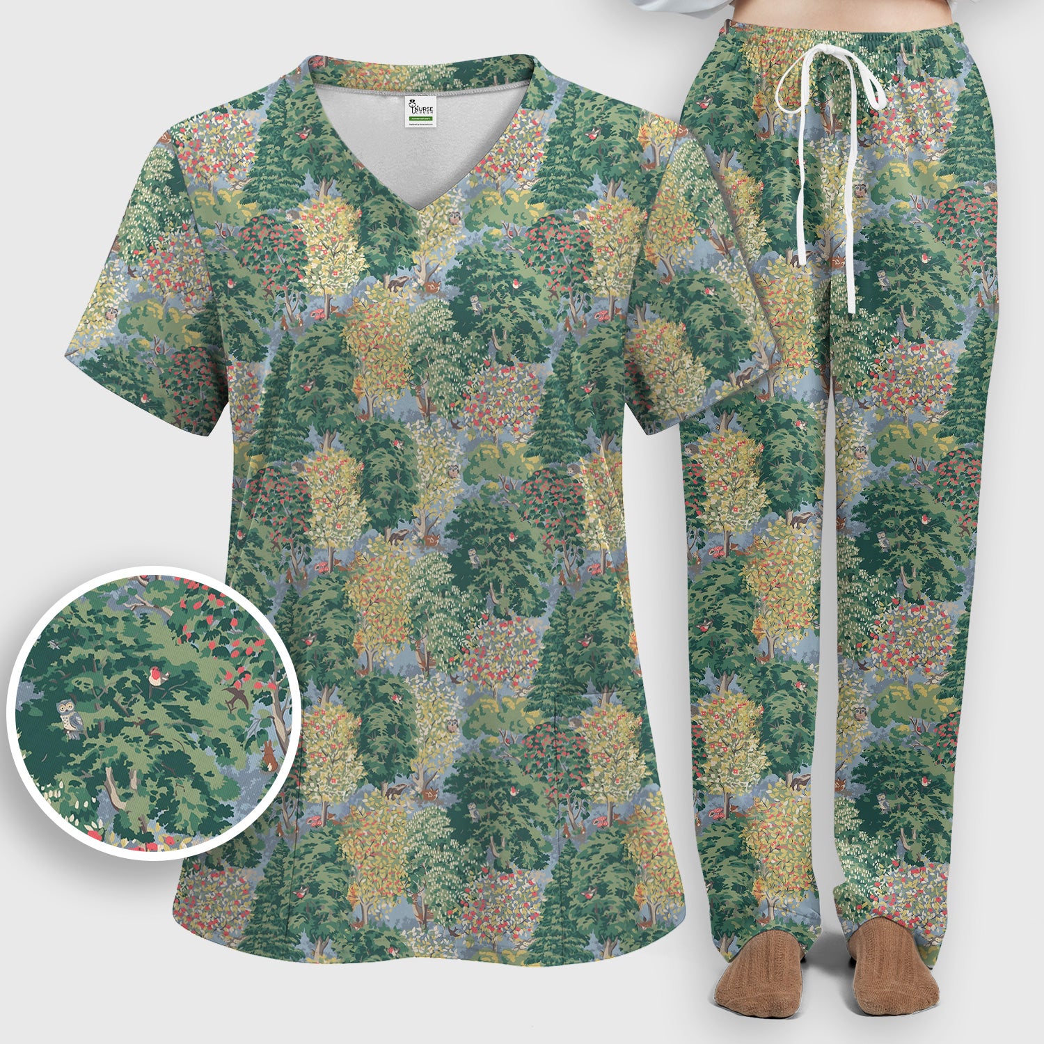 Forest Landscape Pattern Scrub Set, Scrub Pants and V Neck Top