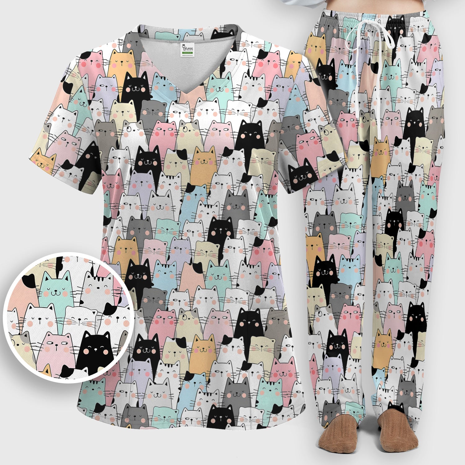 Playful Cartoon Cat Crowd Pattern Scrub Set, Scrub Pants and V Neck Top