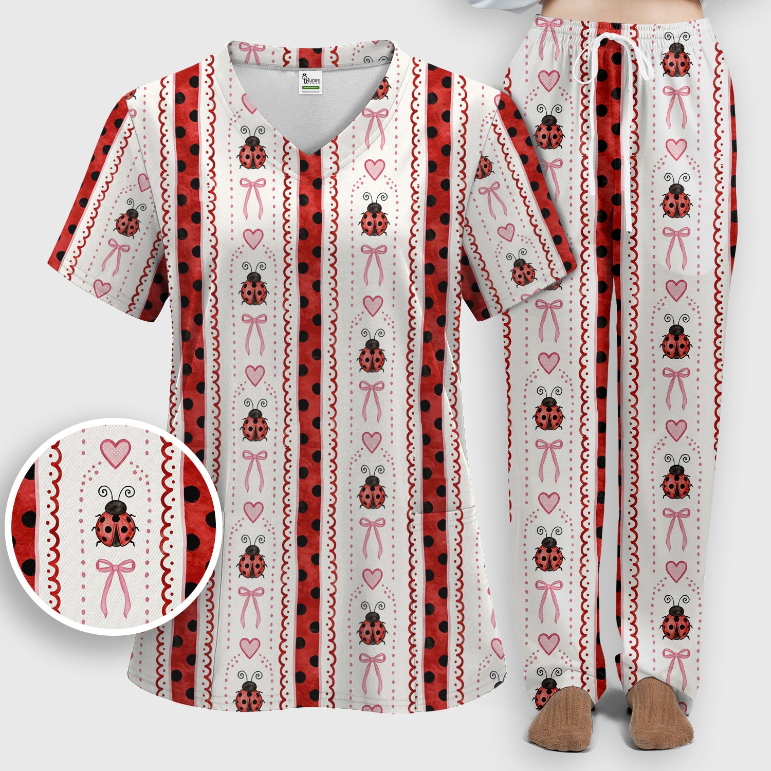Cute Ladybug Heart Bow Stripe Pattern Scrub Set, Red Polka Dot Scrub Pants and V Neck Top