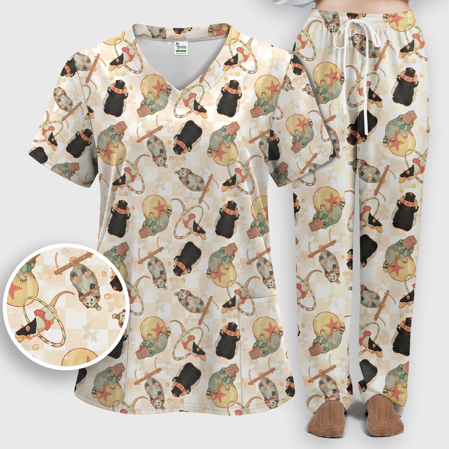 Cute Circus Animal Mouse Acrobat Pattern Scrub Set, Scrub Pants and V Neck Top