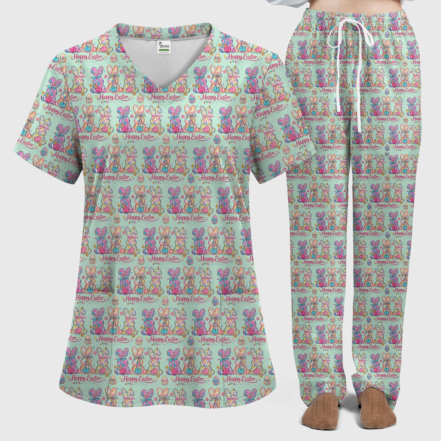 Pink Happy Easter Bunny Pattern Scrub Set, Scrub Pants and V Neck Top