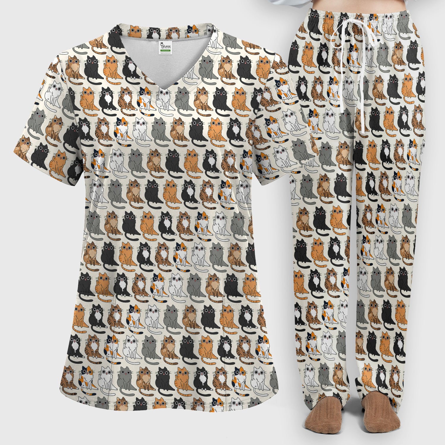 Cute Cartoon Cat Pattern Women's Scrub Set, Scrub Pants and V Neck Top