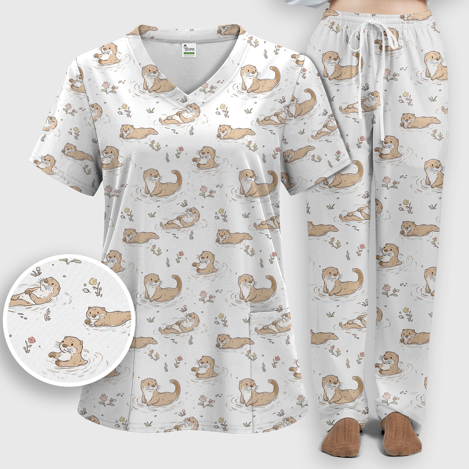Otter Swimming Floating Water Pattern Scrub Set, Scrub Pants and V Neck Top