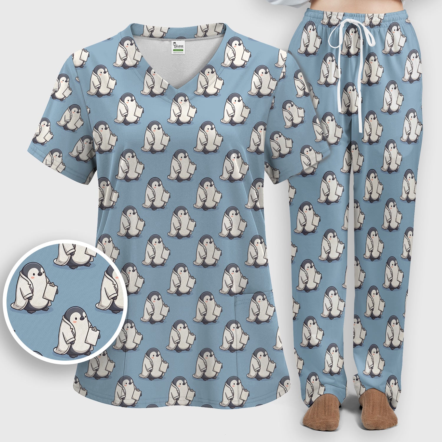 Penguin Nurse Medical Pattern Scrub Set, Scrub Pants and V Neck Top