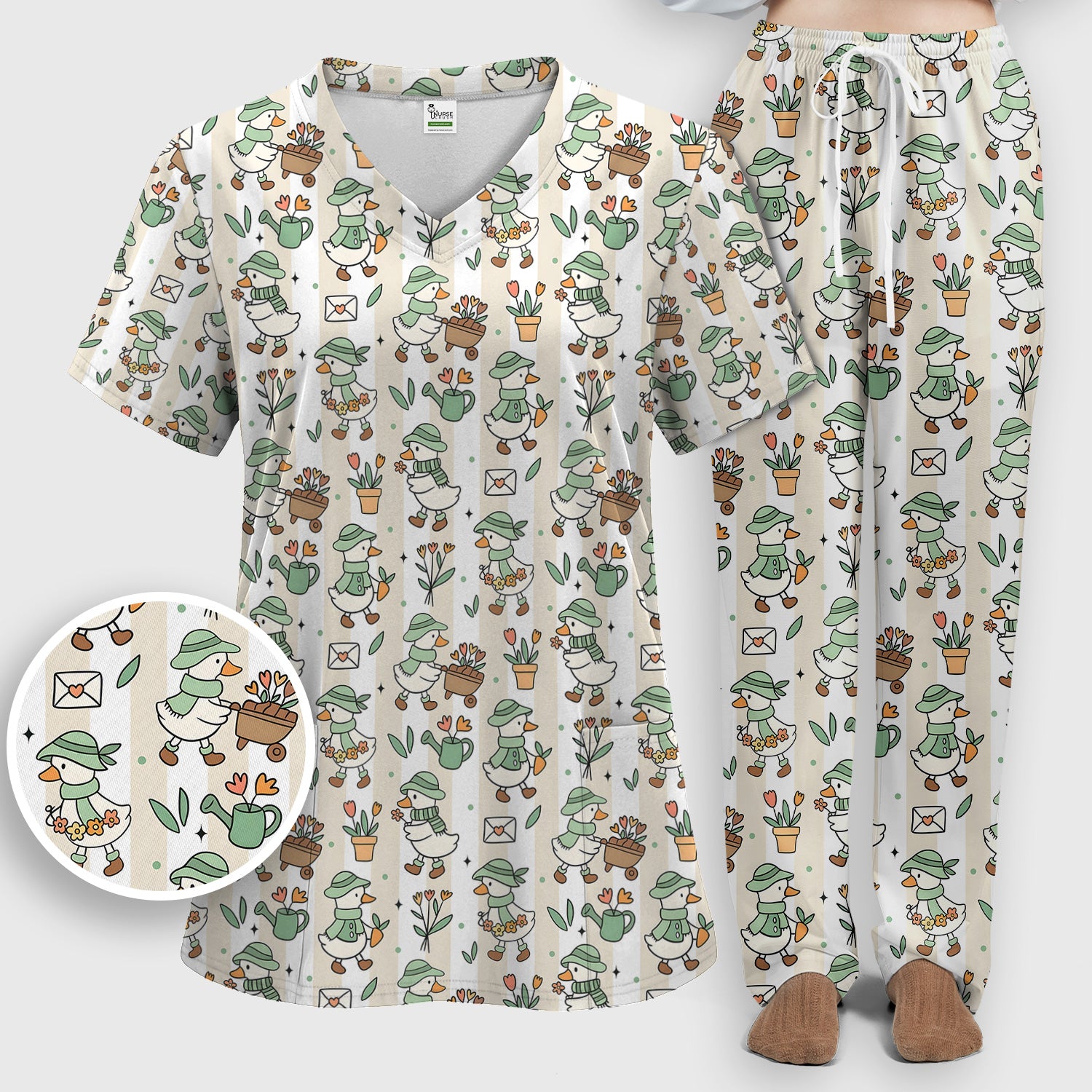 Cute Gardening Duck Floral Pattern Scrub Set, Scrub Pants and V Neck Top