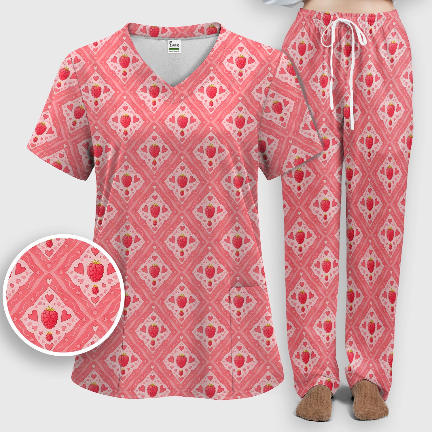 Sweet Red Cherry Gingham Pattern Scrub Set, Scrub Pants and V Neck Top