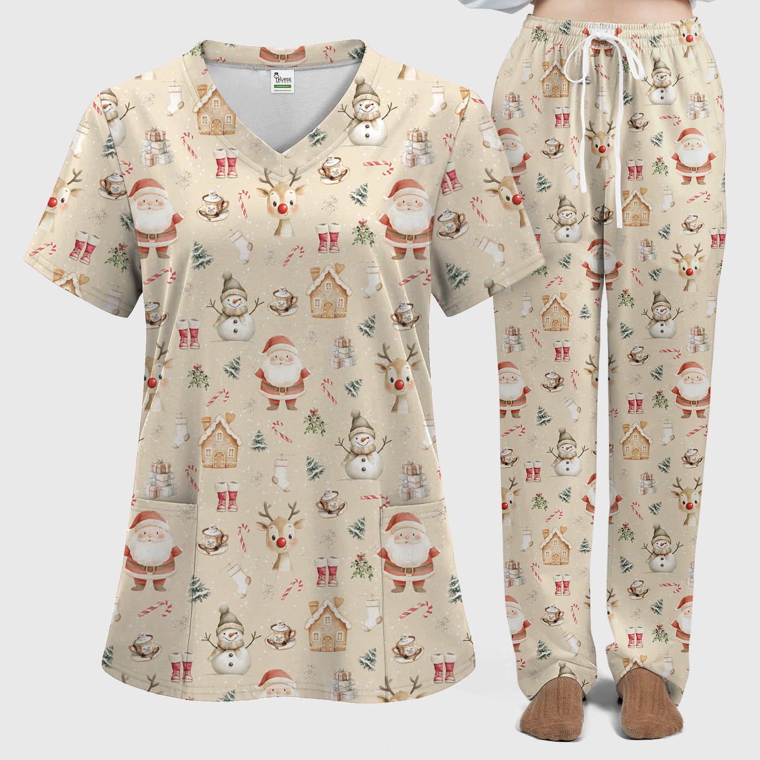 Christmas Santa Pattern  Scrub Top – Cute Medical Uniform for Nurses - Breathable Fabrics Nursing Uniform